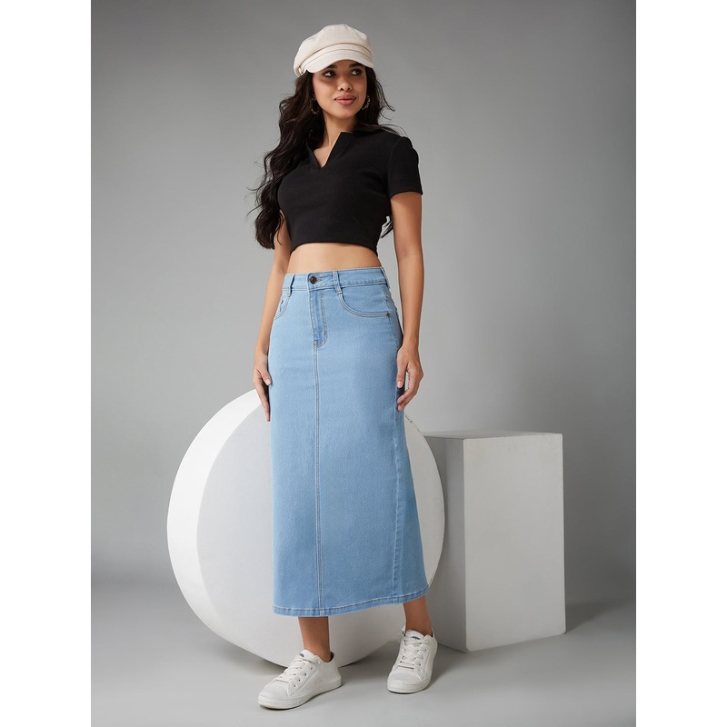 Women’s Light Blue Straight High Rise Clean Look Midi Stretchable Denim Denim Skirt 26 Light Blue