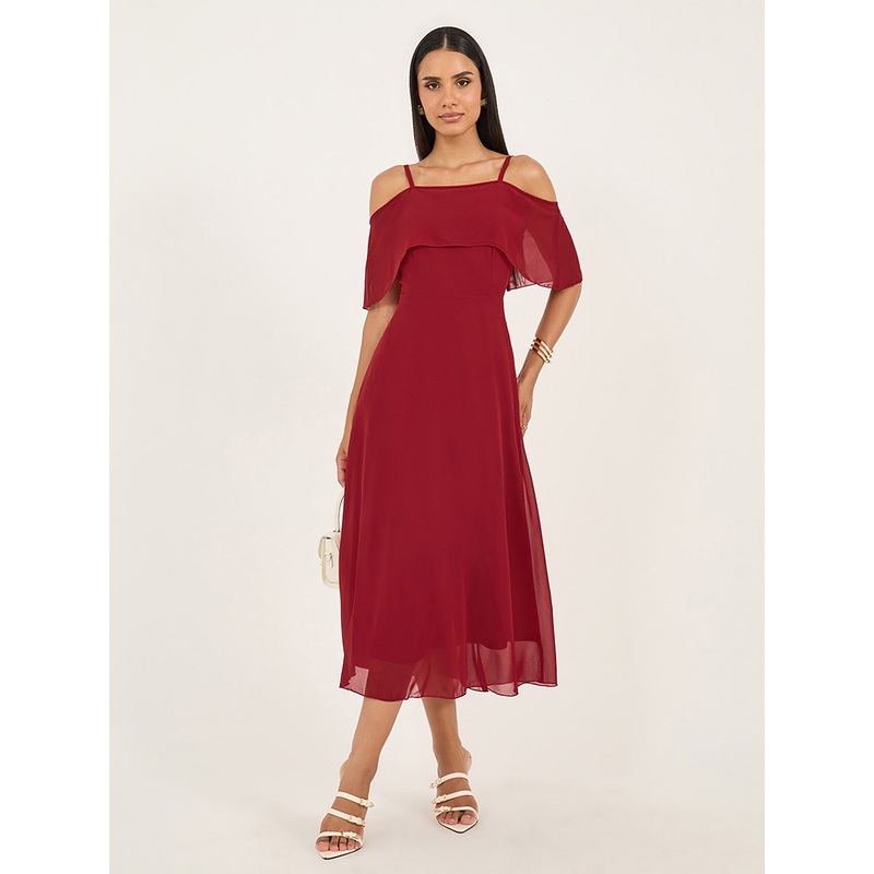 Women’s Maroon Off-Shoulder Sleeveless Solid Skater Midi Dress XS Maroon