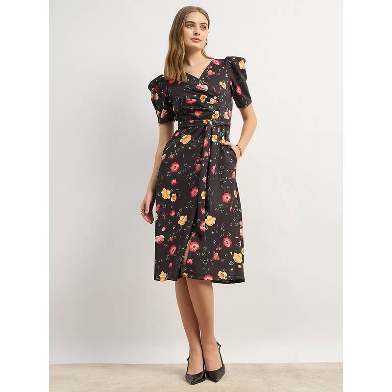 Women’s Multicolored-Base-Black V-Neck Pleated Puff Sleeve Floral Patterned Wrap Midi Polyester Dress XS Black