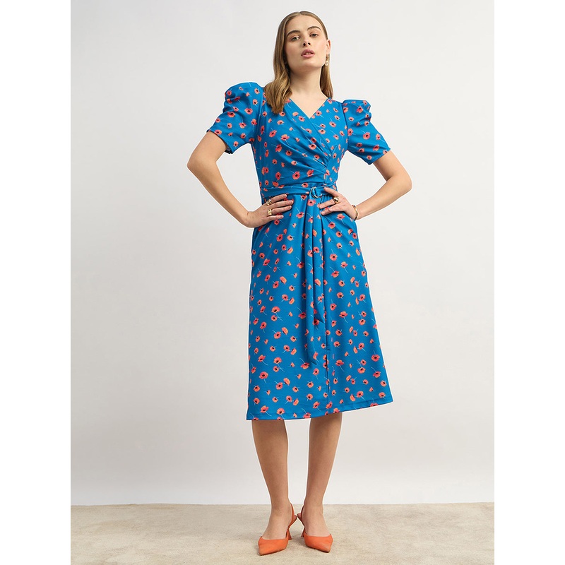 Women’s Multicolored-Base-Blue V-Neck Pleated Puff Sleeve Floral Patterned Wrap Midi Polyester Dress XS Blue