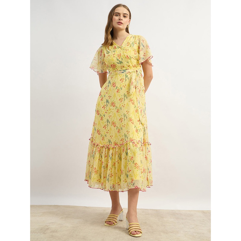 Women’s Multicolored-Base-Yellow V Neck Flared Sleeve Floral Wrap Maxi Dress XS Yellow