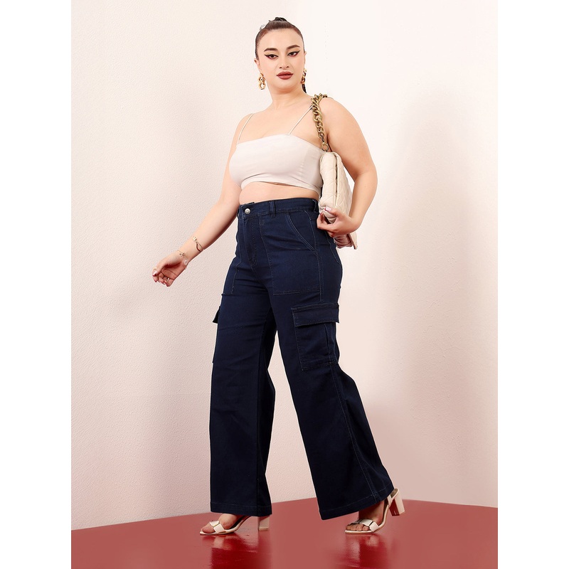Women’s Navy Blue Wide-Leg High-Rise Clean-Look Stretchable Denim Cargo Jeans 26 Navy Blue