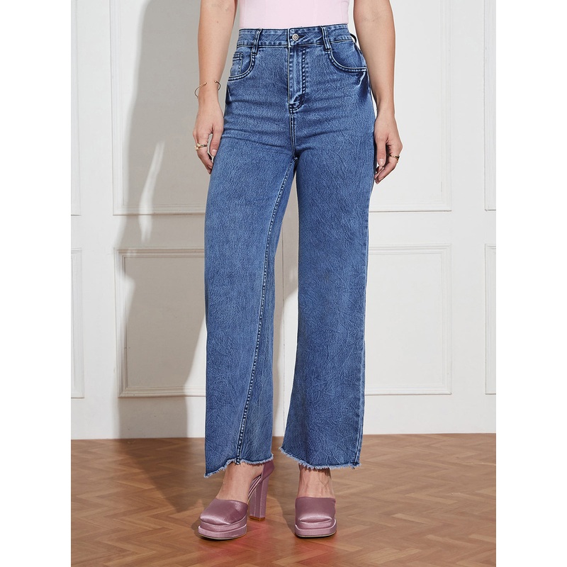 Women’s Navy-Blue Wide-Leg High-Rise Clean-Look Stretchable Denim Jeans 26 Navy Blue
