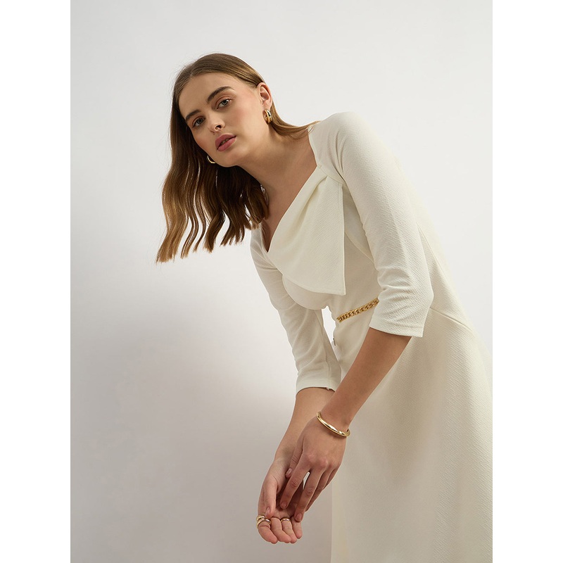 Women’s Off White Solid Square Neck Raglan Sleeves Side Pocketed Polyester Fit and Flare Knee-Length Dress XS Off White