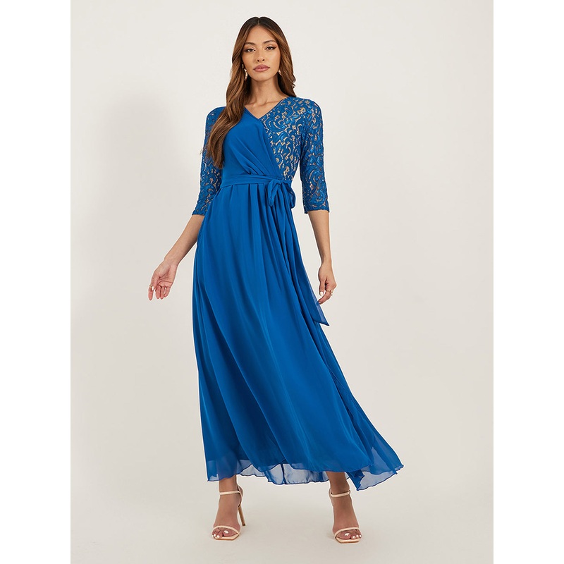 Women’s Royal Blue V-Neck 3/4 Sleeve Self-Designed Wrap-Styled Georgette Maxi Dress XS Blue