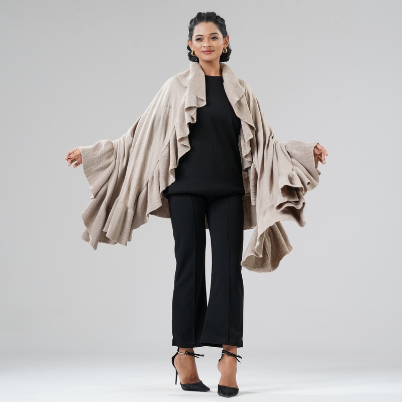 Womens Beige Ruffle Shawl NA BEIGE-2