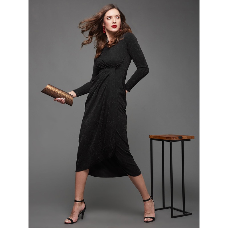Women’s Black V-Neck Full Sleeve Self Designed Wrap Midi Dress XS Black