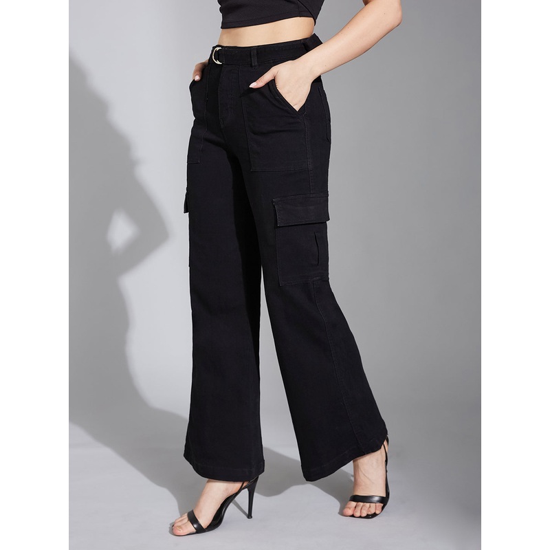 Women’s Black Wide-Leg High-Rise Clean-Look Regular Stretchable Denim Jeans 24 Black