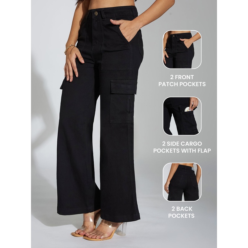 Women’s Black Wide-Leg High-Rise Clean-Look Stretchable Denim Cargo Jeans 26 Black