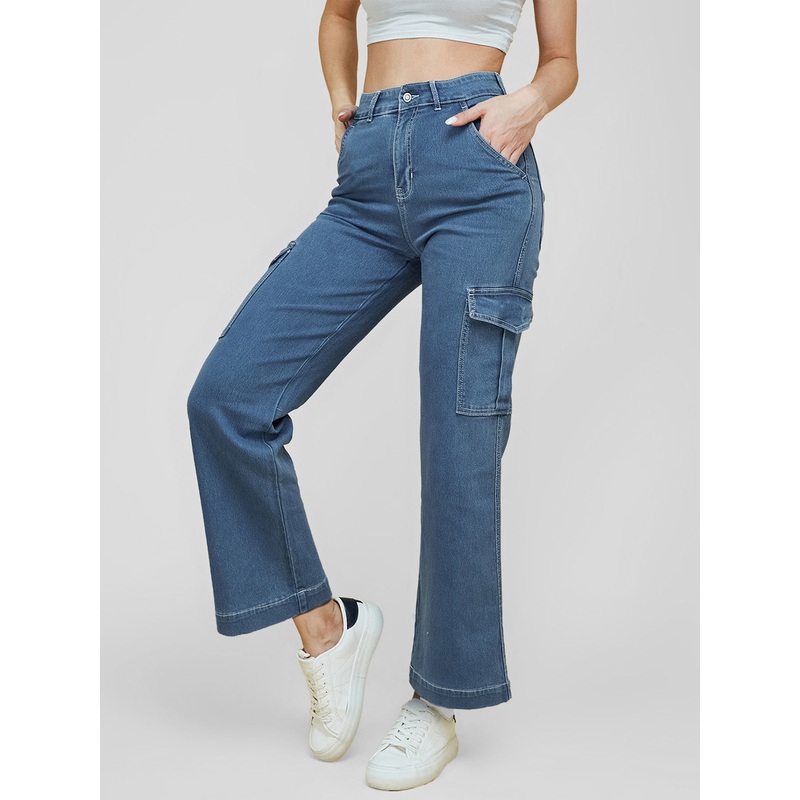 Women’s Blue Wide-Leg High-Rise Clean-Look Regular Stretchable Denim Jeans 26 Blue