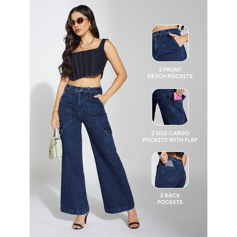 Women’s Blue Wide-Leg High-Rise Clean-Look Stretchable Cargo Denim Jeans 26 Blue