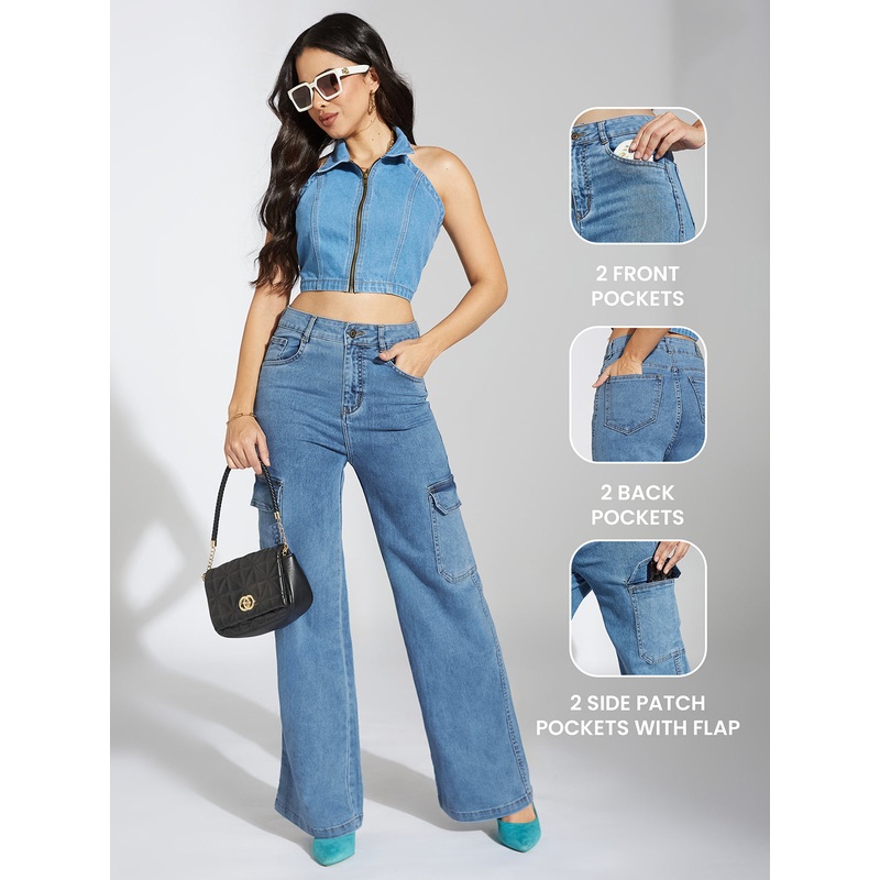 Women’s Blue Wide-Leg High-Rise Heavy Wash Stretchable Cargo Denim Jeans 26 Blue