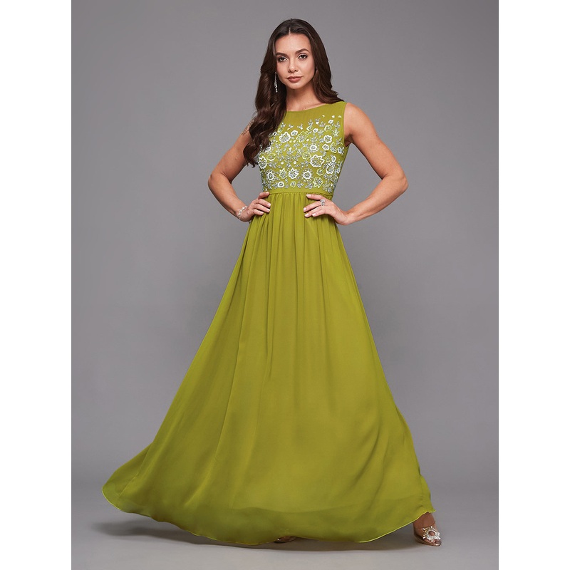 Women’s Lemon Green Boat Neck Sleeveless Embroidered Georgette Gathered Maxi Dress XS Green