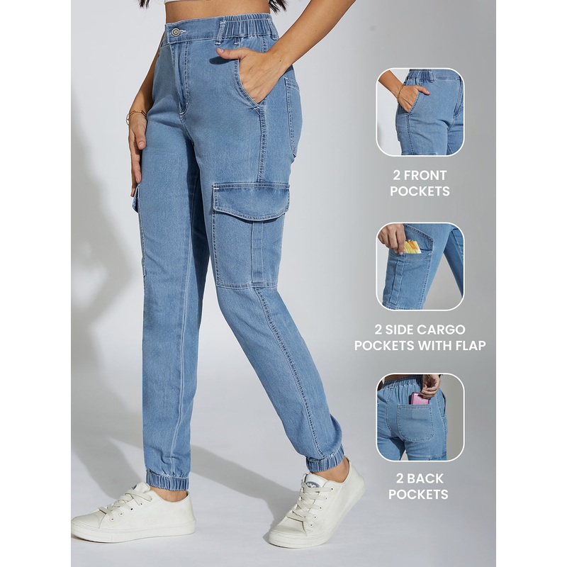 Women’s Light Blue Regular High-Rise Clean-Look Regular Stretchable Light Weight Denim joggers 26 Light Blue