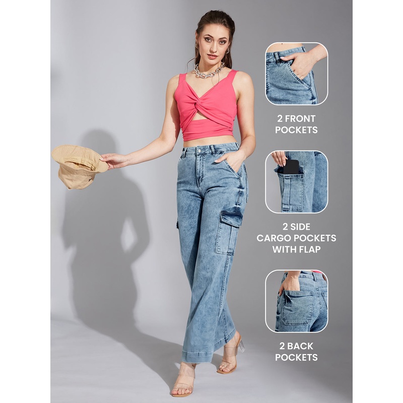 Women’s Light Blue Wide-Leg High-Rise Clean-Look Stretchable Flared Cargo Style Denim Jeans 26 Light Blue