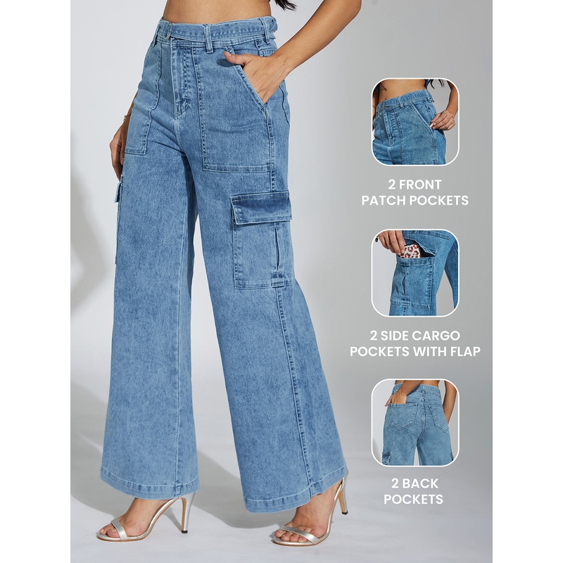 Women’s Mid Blue Wide-Leg High-Rise Clean-Look Stretchable Cargo Denim Jeans 26 Mid-Blue