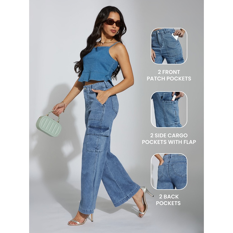 Women’s Mid Blue Wide-Leg High-Rise Clean-Look Stretchable Denim Jeans 26 Mid-Blue