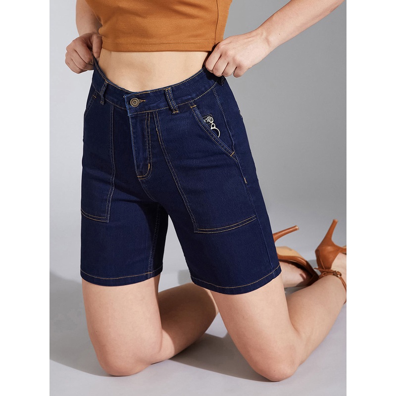 Women’s Navy Blue Regular High-Rise Clean-Look Above-Knee Stretchable Denim Shorts 26 Blue