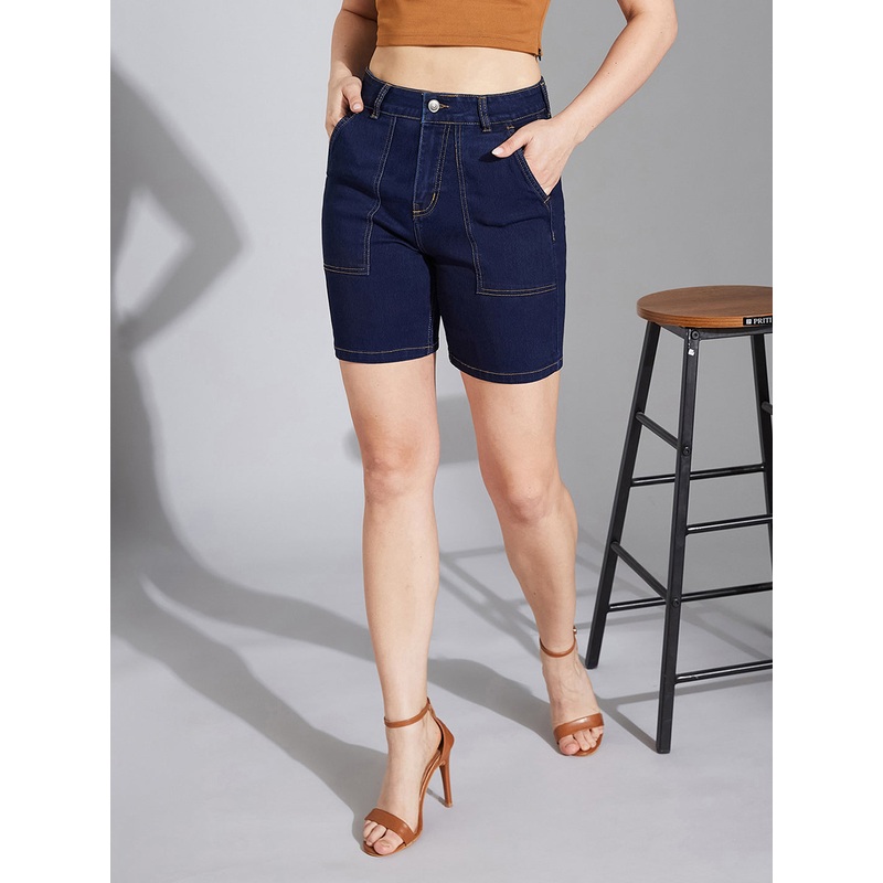 Women’s Navy Blue Regular High-Rise Clean-Look Above-Knee Stretchable Denim Shorts 26 Navy Blue