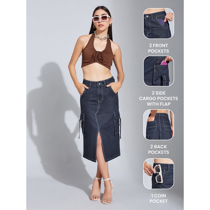 Women’s Navy Blue Straight High-Rise Clean-Look Midi Denim Skirt 26 Blue