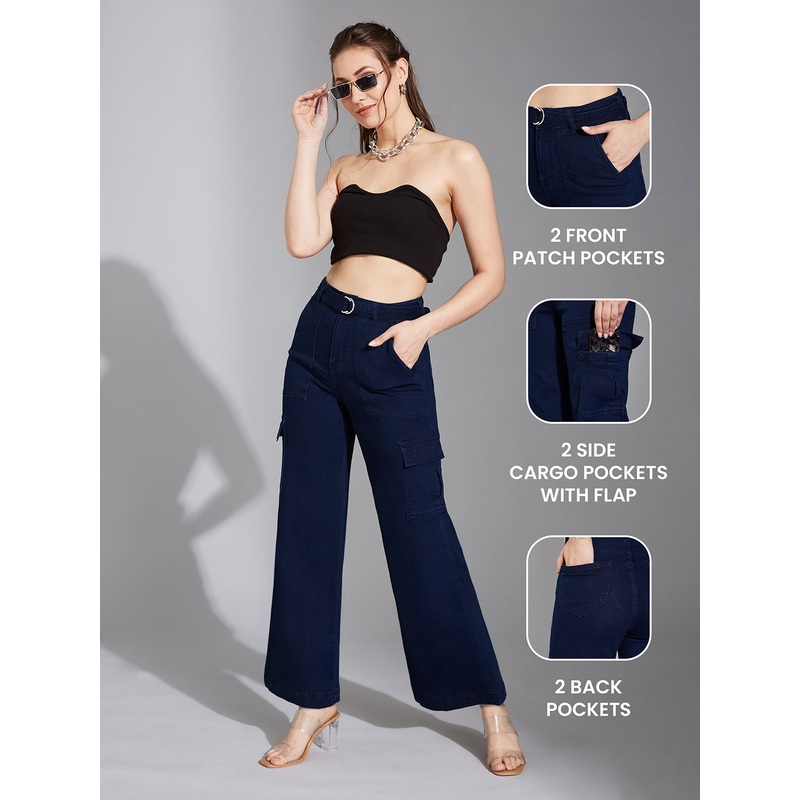 Women’s Navy Blue Wide-Leg High-Rise Clean-Look Regular Stretchable Cargo Denim Jeans 26 Navy Blue