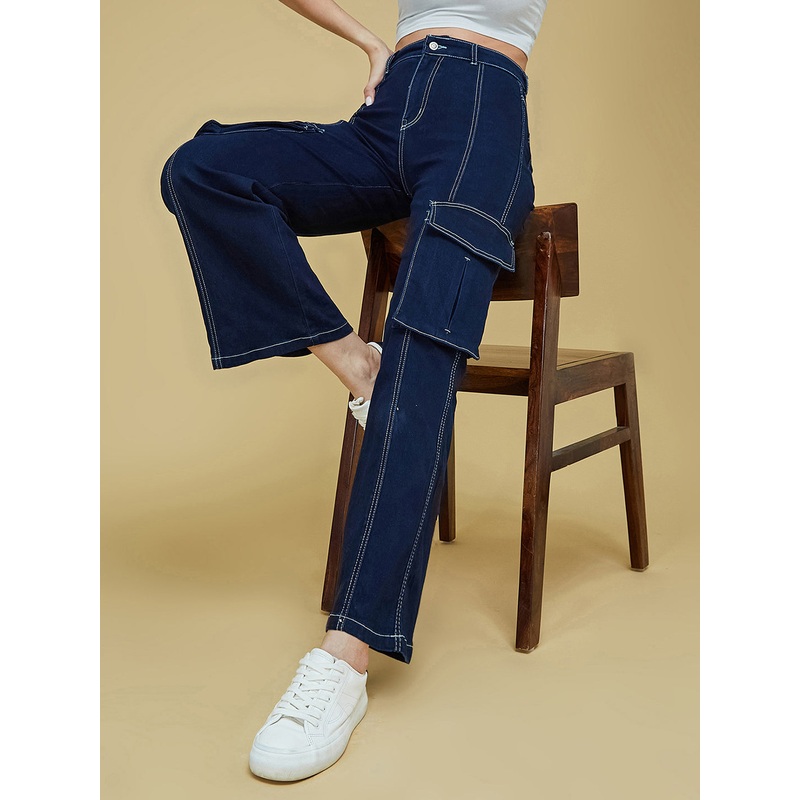 Women’s Navy Blue Wide-Leg High-Rise Clean-Look Regular Stretchable Denim Jeans 26 Navy Blue