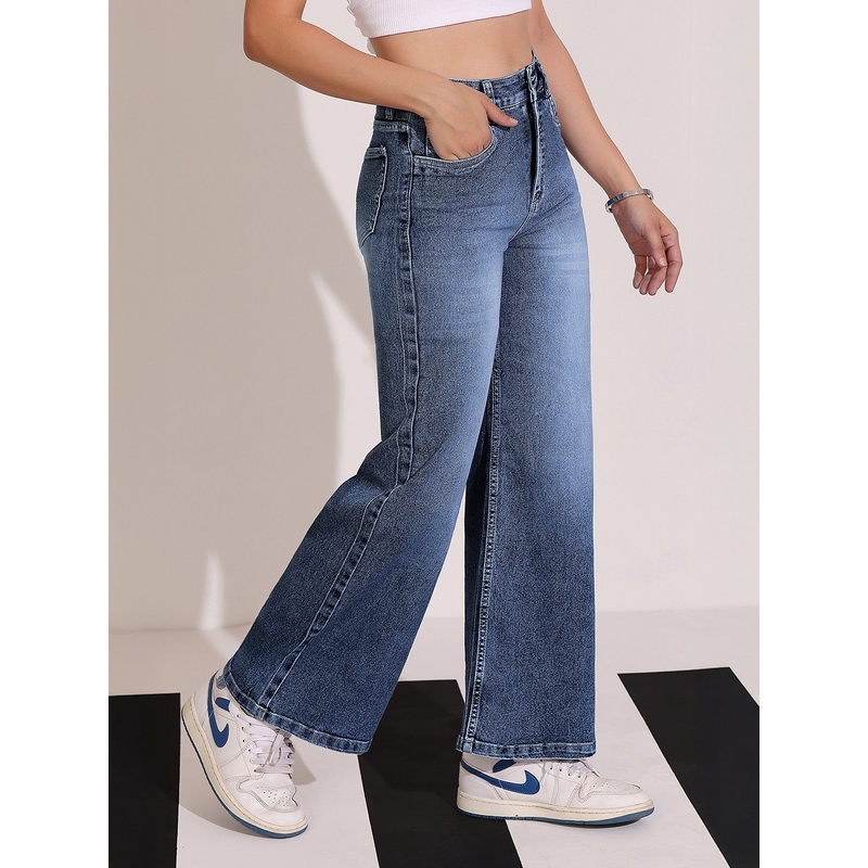 24/7 Comfort Light Blue Wide-Leg High-Rise Clean-Look Regular-Length Stretchable Denim Jeans 26 Blue
