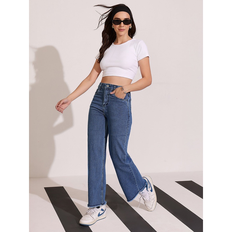 24/7 Comfort Navy-Blue Wide-Leg High Rise Regular-Length Stretchable Denim Jeans 26 Blue