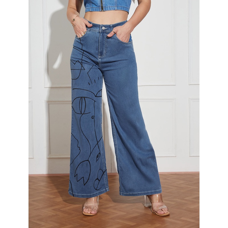 Hand Painted Denims: Abstract Adventures Wide-Leg Jeans 28 Blue