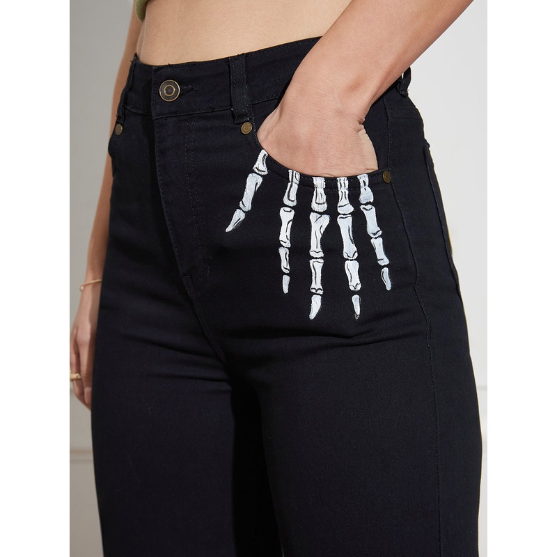 Hand Painted Denims: Dawn of the Dead Wide-Leg High-Rise Jeans 28 Black