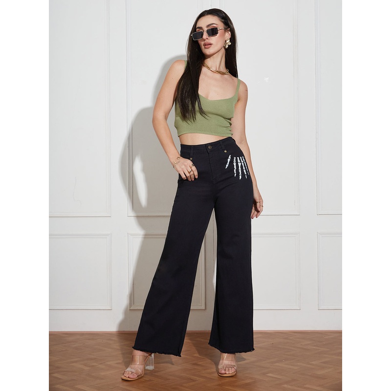 Hand-Painted Denims: Halloween Spooks Wide-Leg High-Rise Jeans 28 Black