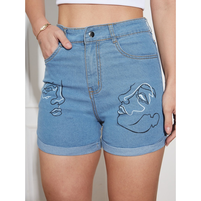 Hand Painted Denims: Masquerade Party Mid-Rise Stretchable Denim Shorts 28 Blue