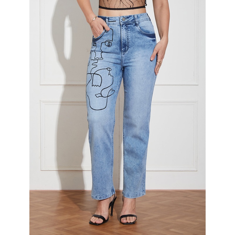 Hand Painted Denims: Minimalist Face Line Art Mom-Fit Jeans 28 Blue