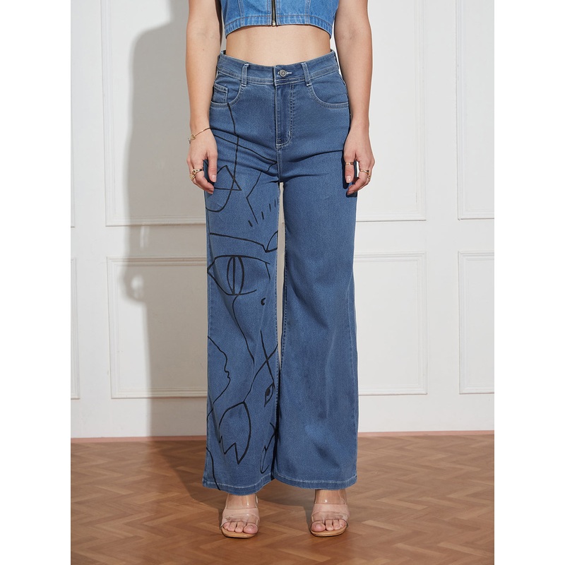 Hand-Painted Denims: Unraveled Faces Line Art Wide-Leg Jeans 28 Blue