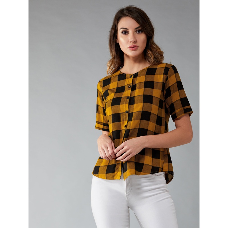 Women’s Black & Mustard Round Neck Half Sleeve Checkered Boxy Regular Length Shirt XS Multicolor
