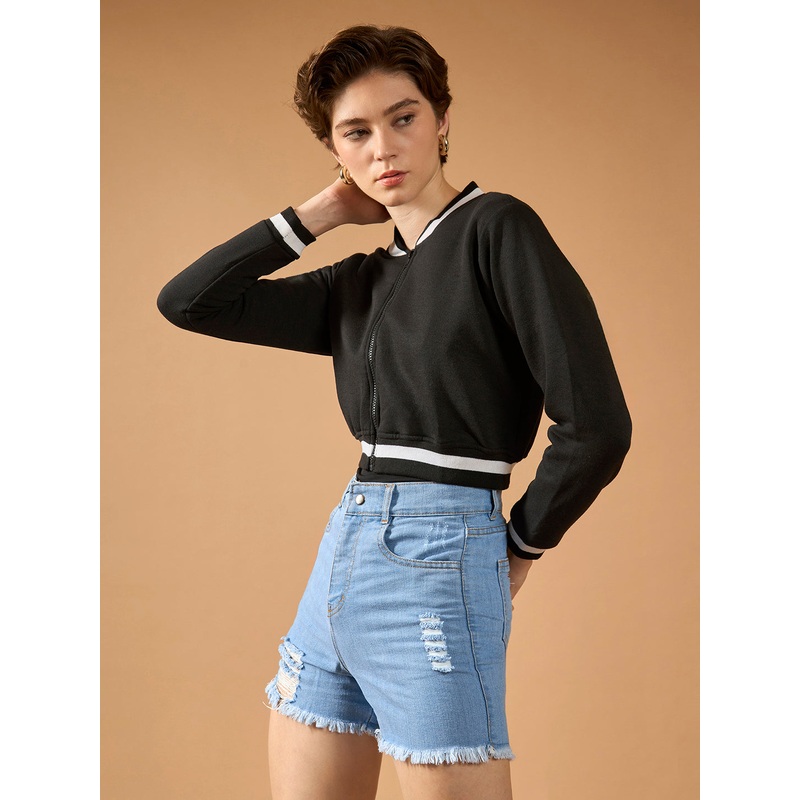 Women’s Black V-Neck Full Sleeves Loopknit Rib Solid Bomber Cropped Jacket XS Black