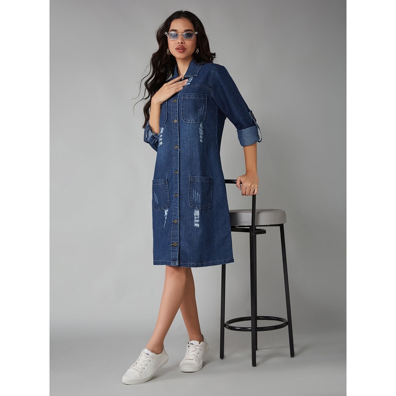 Women’s Blue Collared-Neck Full-Sleeve Shirt Dress Styled Knee-Long Denim Jacket XS Blue