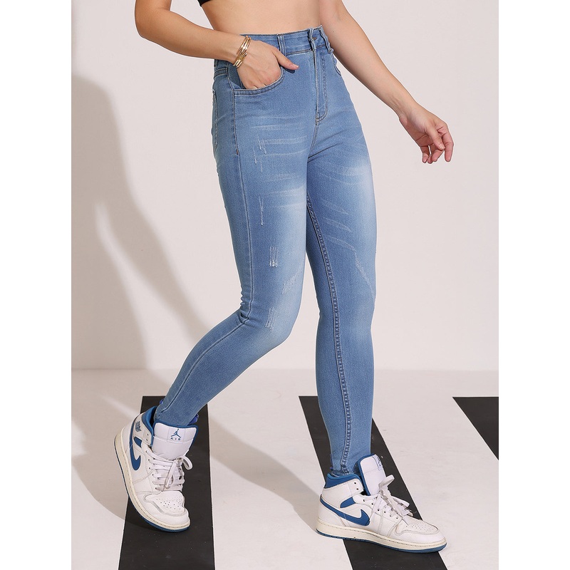 Women’s Blue High-Rise Mildly-Distressed Regular-Length Stretchable Denim Skinny Jeans 26 Blue