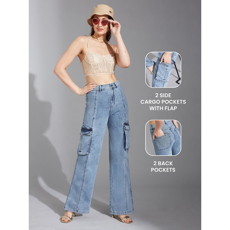 Women’s Blue Wide-Leg High-Rise Clean-Look Stretchable Patch-Pocketed Denim Jeans 26 Blue