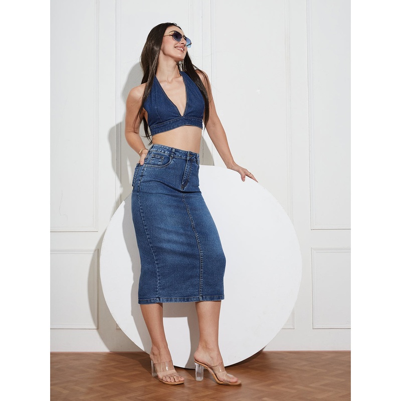 Women’s Dark Blue High Rise Clean Look Stretchable Denim Bodycon Midi Skirt 26 Blue