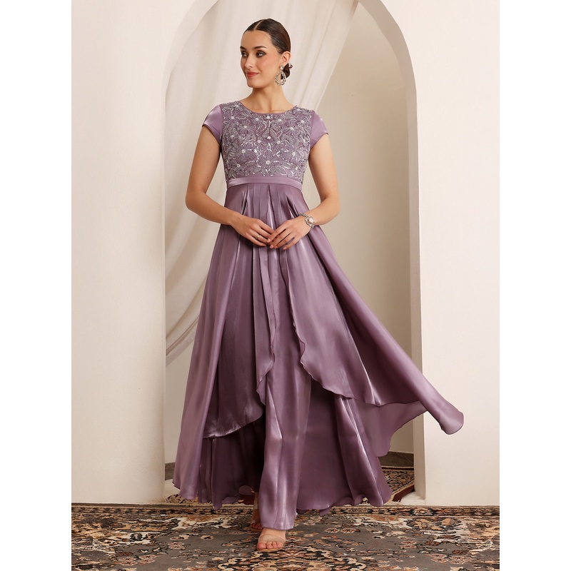 Women’s Dusty Purple Round Neck Short Sleeve Embroidered Layered Satin Maxi Dress XS Purple