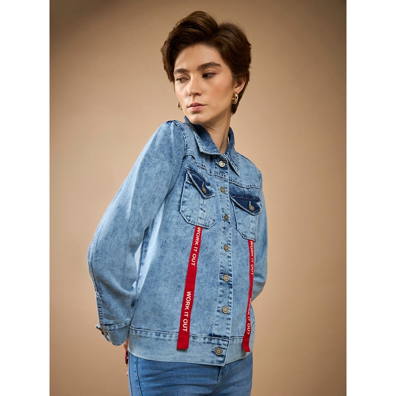 Women’s Light Blue Collared Full Sleeve Buttoned Twill Tape Detailing Solid Denim Jacket XS Light Blue