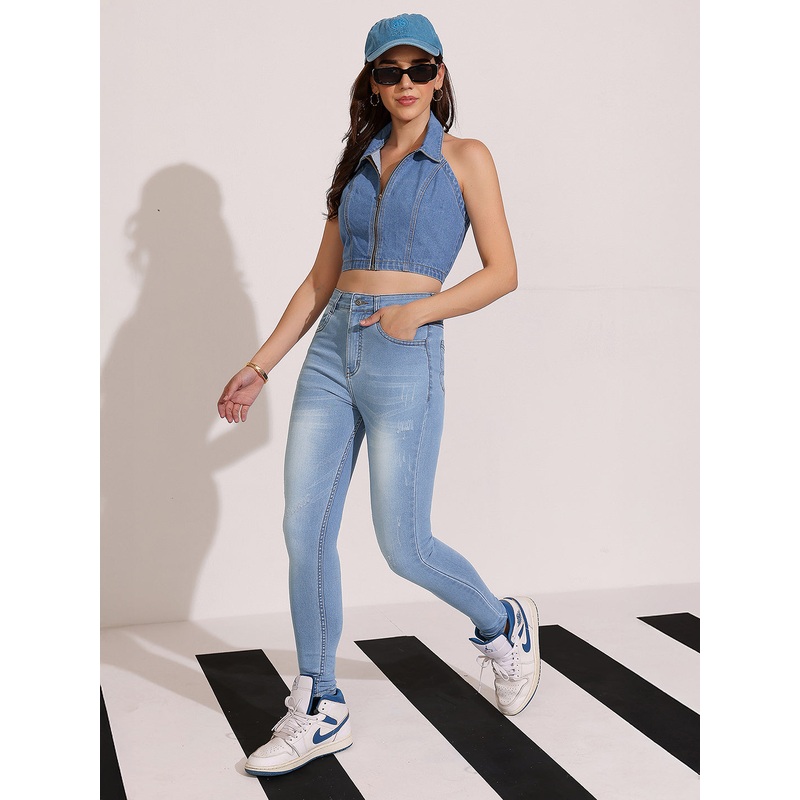 Women’s Light Blue High-Rise Mildly-Distressed Regular-Length Stretchable Denim Skinny Jeans 26 Blue