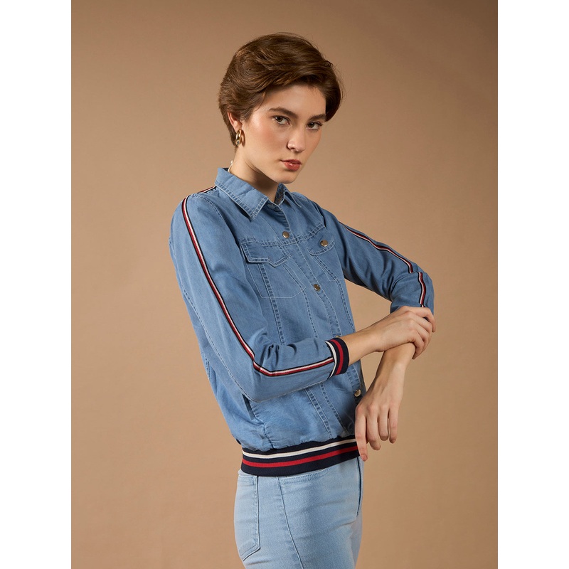 Women’s Light Blue Polo Neck Full Sleeve Solid Buttoned Rib And Twill Tape Detailing Bomber Denim Jacket XS Light Blue