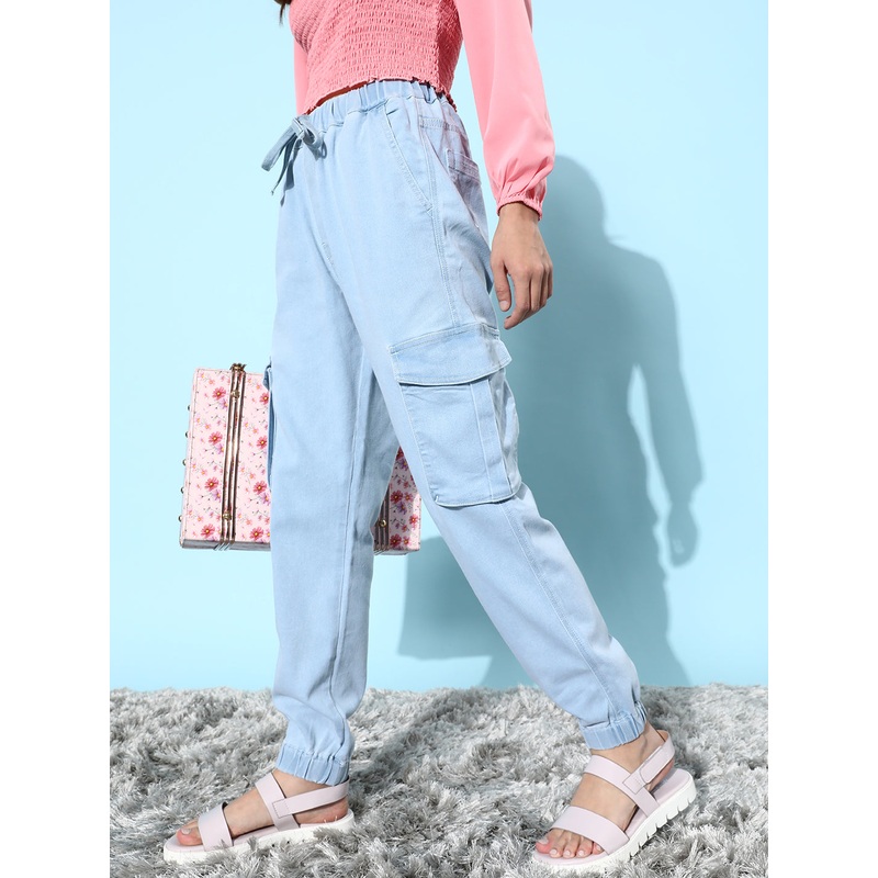 Women’s Light Blue Regular High-Rise Clean-Look Regular Stretchable Denim Joggers 26 Blue