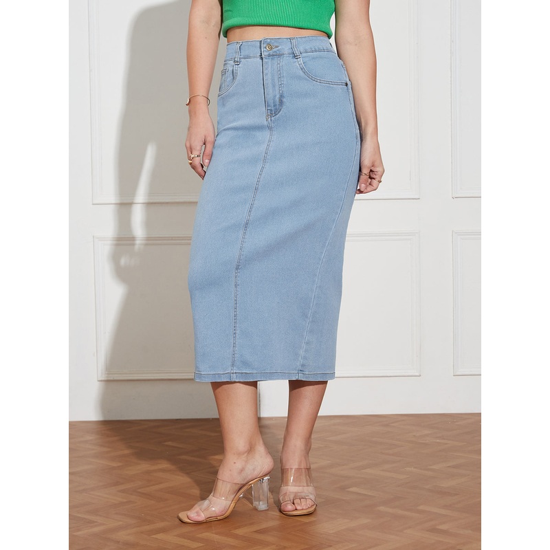 Women’s Light Blue Straight High Rise Clean Look Midi Stretchable Denim Skirt 26 Blue