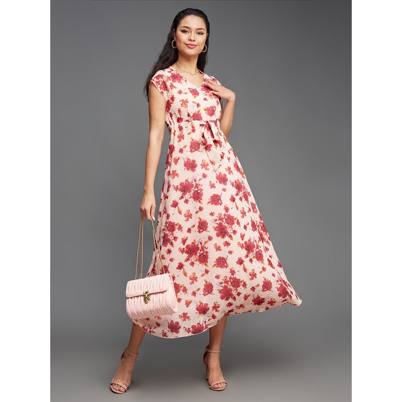 Women’s Multicolored-Base-Light Pink V-Neck Short Sleeved Floral Pleated Midi Dress XS Pink