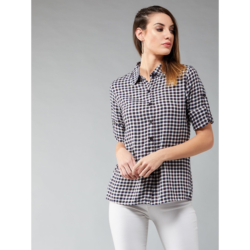Women’s Multicolored-Base-Navy Blue Round Neck Full Sleeve Checkered Basic Regular Length Shirt XS Navy Blue