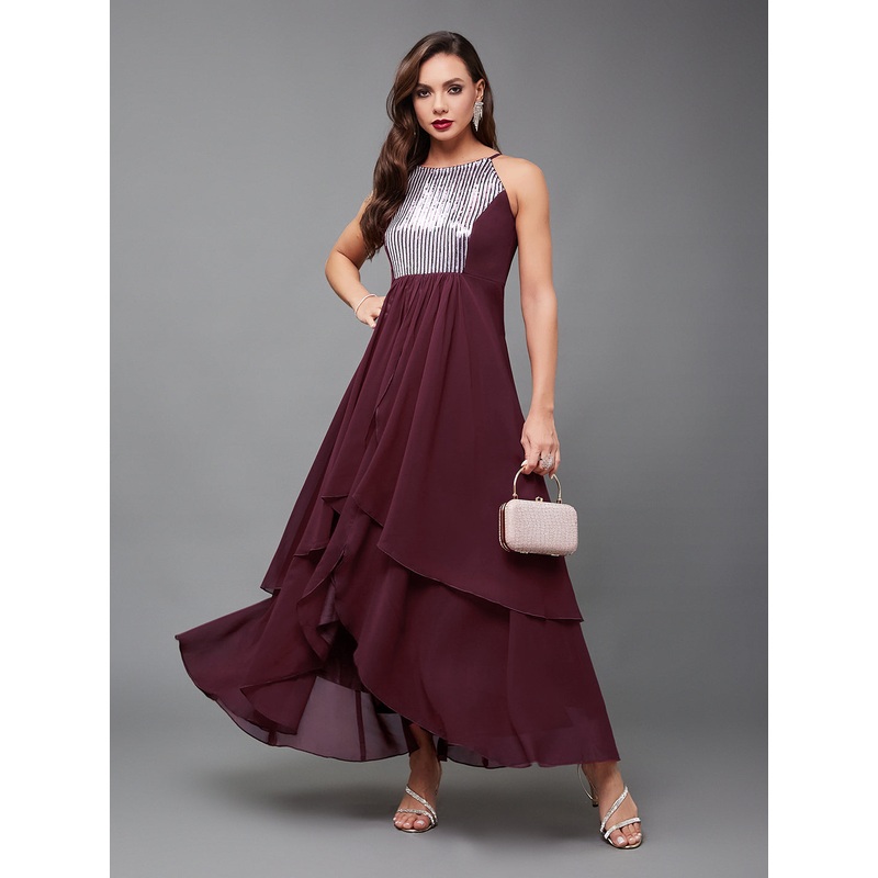 Women’s Multicolored-Base-Wine Halter Neck Sleeveless Embellished Layered Georgette Maxi Dress XS Wine