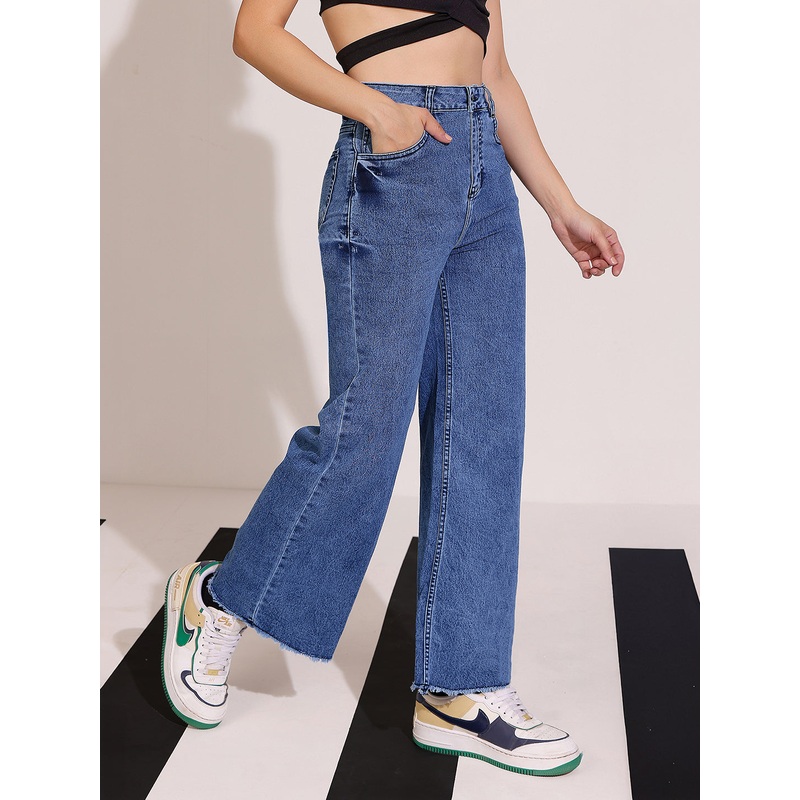 Women’s Navy-Blue Wide Leg High-Rise Clean Look Regular Stretchable Denim Jeans 26 Blue